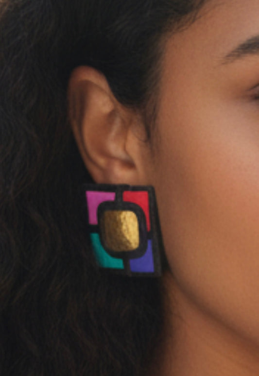 80s Leather Colorblock Brass Earrings